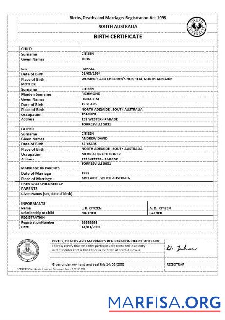 Blank Australia South Australia birth certificate version 2 template